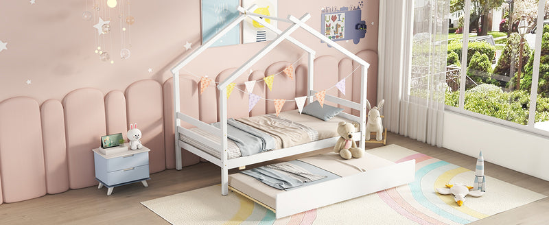 Twin Size  House-shaped Bed with Trundle,White