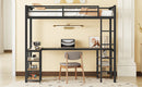 Twin XL Metal Loft Bed with Desk and Shelves, Loft Bed with Ladder and Guardrails, Loft Bed Frame for Bedroom, Black