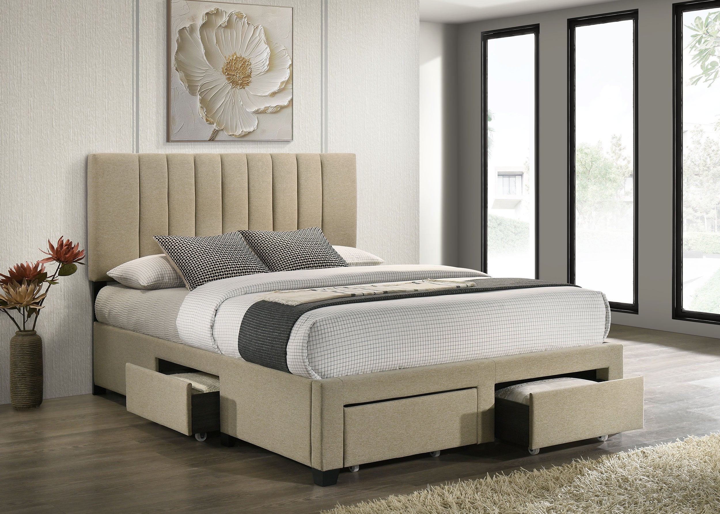 Wheatland 4-drawer Upholstered Queen Storage Bed Light Brown — view 3
