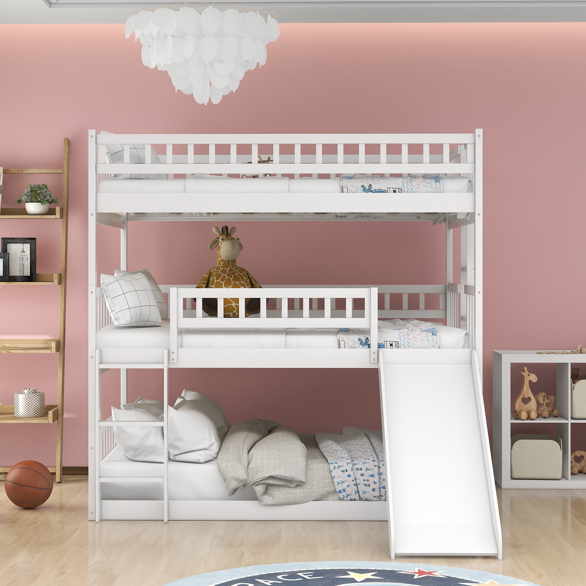 Full-Over-Full-Over-Full Triple Bed with Built-in Ladder and Slide , Triple Bunk Bed with Guardrails, White(OLD SKU :LP000052AAK)