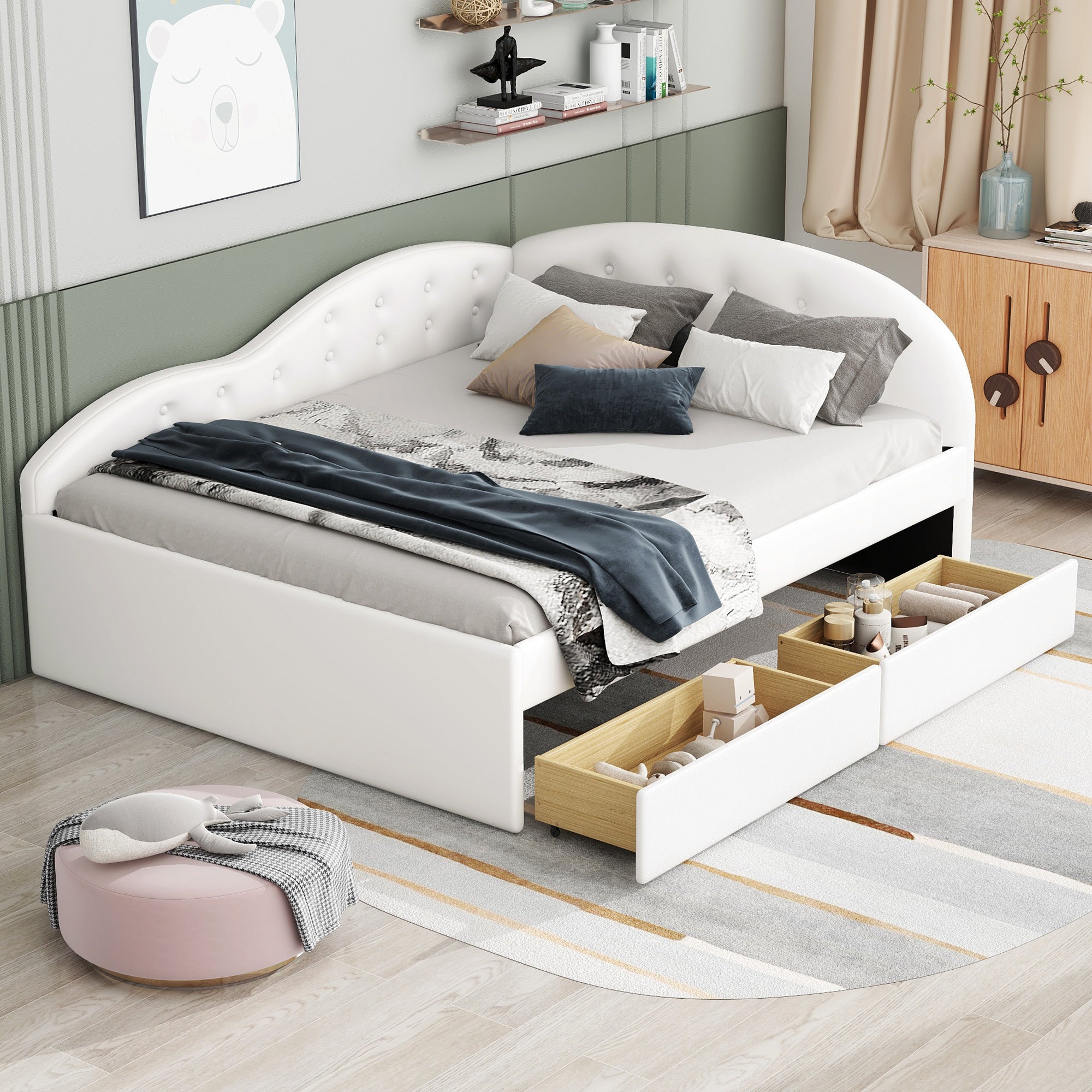 Full Size PU Upholstered Tufted Daybed with Two Drawers and Cloud Shaped Guardrail, White - Atlantic Fine Furniture Melbourne FL