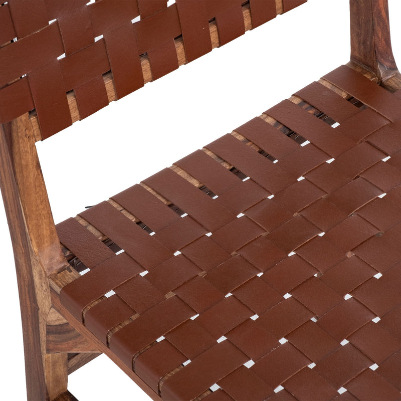 Rustic Wooden Dining Chair (Set of 2) With Genuine Leather Woven Upholstery - Brown