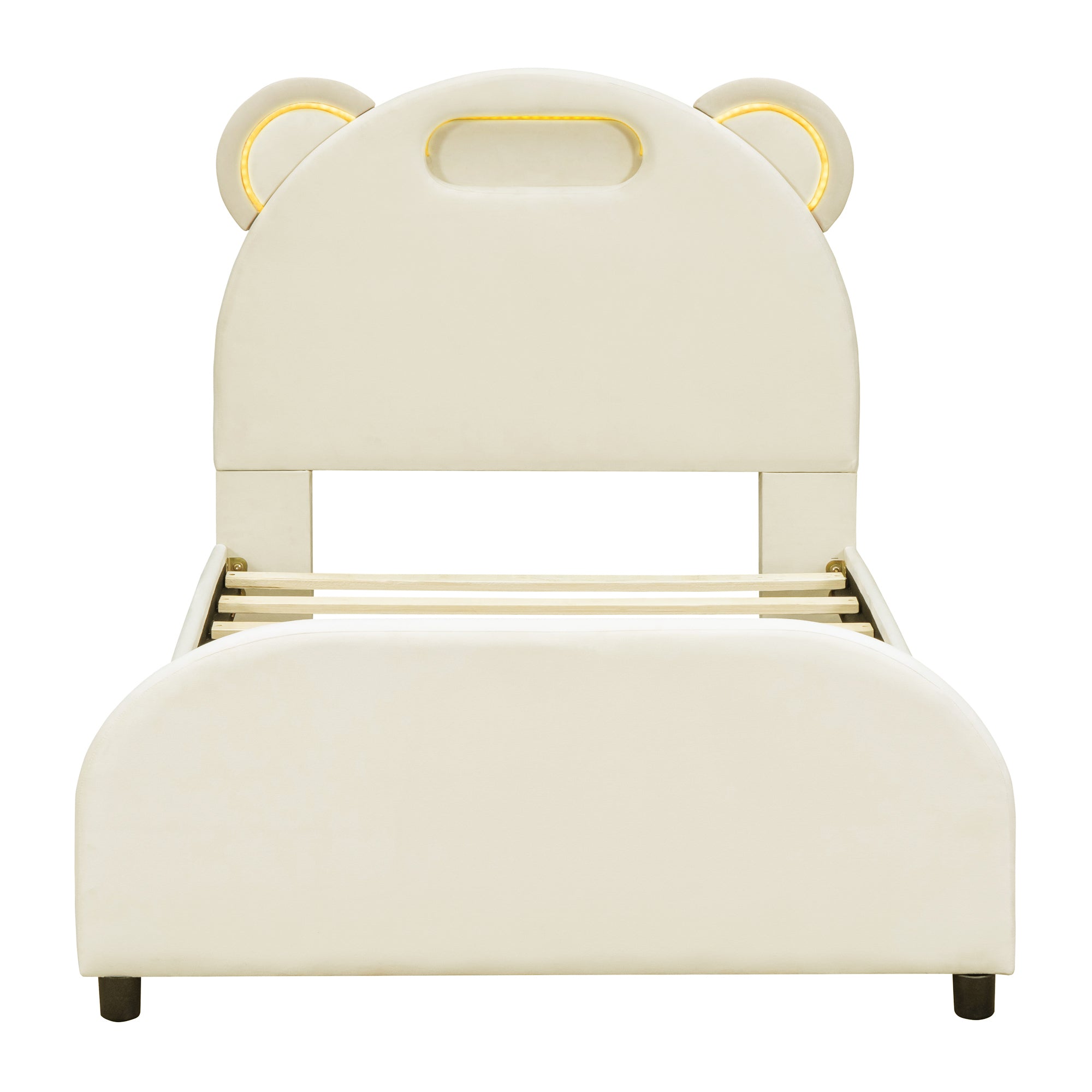 Twin Size Upholstered Platform Bed with Bear-Shaped Headboard and Embedded Light Stripe, Velvet, Beige - Atlantic Fine Furniture Melbourne FL