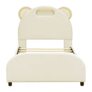 Twin Size Upholstered Platform Bed with Bear-Shaped Headboard and Embedded Light Stripe, Velvet, Beige