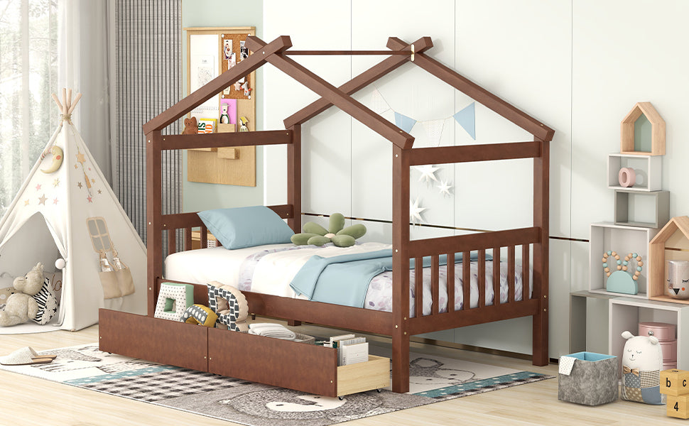 Twin Size Wooden House Bed with Drawers, Walnut - Atlantic Fine Furniture Melbourne FL