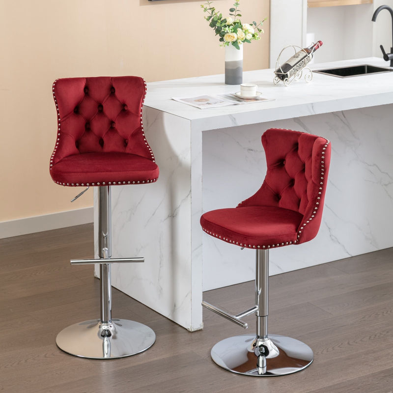 Swivel Velvet Barstools Adjusatble Seat Height From 25-33", Modern Upholstered Chrome Base Bar Stools With Backs Comfortable Tufted For Home Pub And Kitchen Island (Set of 2)