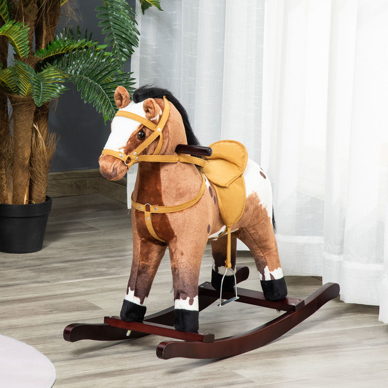 Qaba Kids Metal Plush Ride On Rocking Horse Chair Toy With Realistic Sounds Dark Brown White Atlantic Fine Furniture Inc