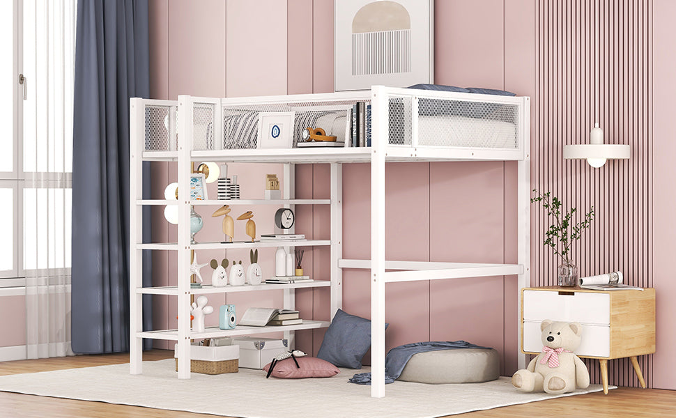 Twin Size Metal Loft Bed with 4-Tier Shelves and Storage, White - Atlantic Fine Furniture Melbourne FL