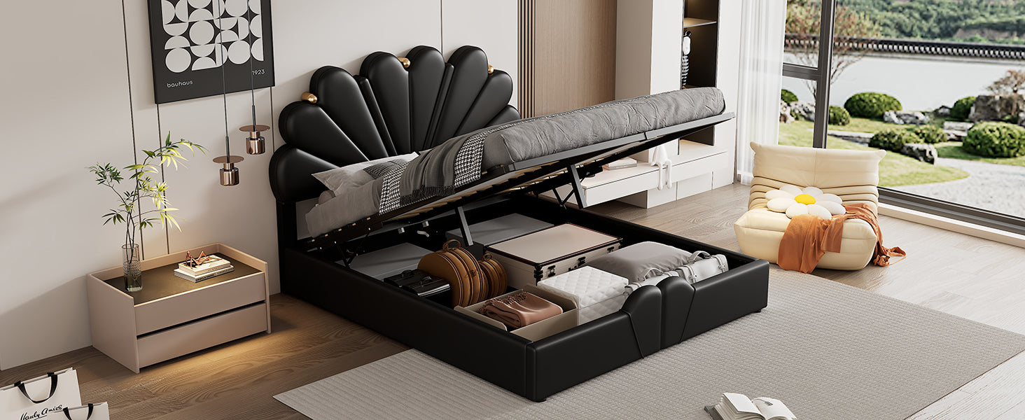 Queen Size Upholstered  Petal Shaped Platform Bed  with Hydraulic Storage System, PU Storage Bed, Decorated with metal balls, Black - Atlantic Fine Furniture Melbourne FL