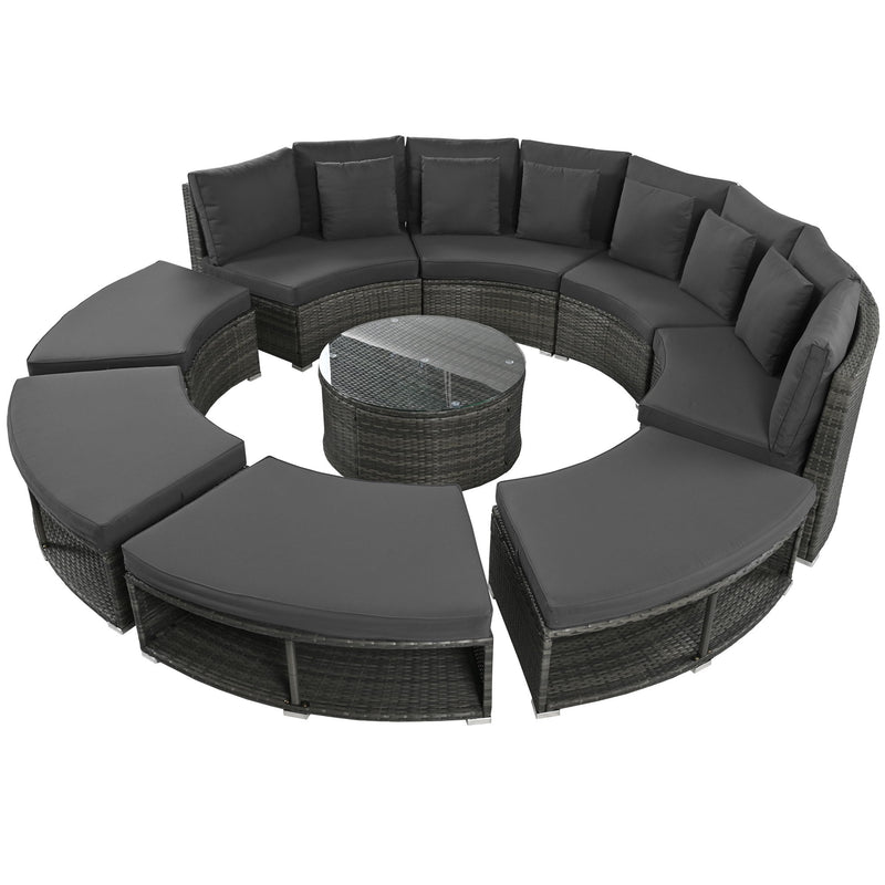 Outdoor Patio Furniture Luxury Circular Sofa Set Rattan Wicker Sectional Sofa Lounge Set With Tempered Glass Coffee Table, 6 Pillows