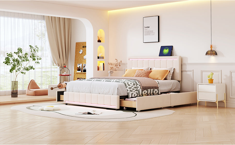 Queen Size Upholstered Bed with LED Light and 4 Drawers,  Modern Platform Bed with a set of Sockets and USB Ports, Linen Fabric, Beige - Atlantic Fine Furniture Melbourne FL