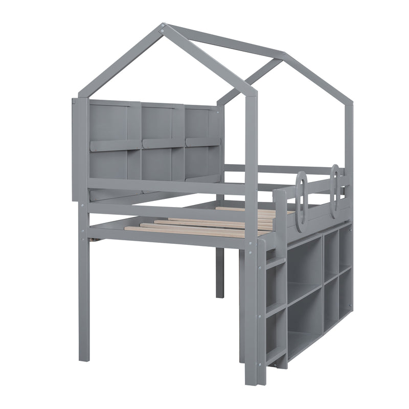 Twin Size House Loft Bed with Multiple Storage Shelves, Grey