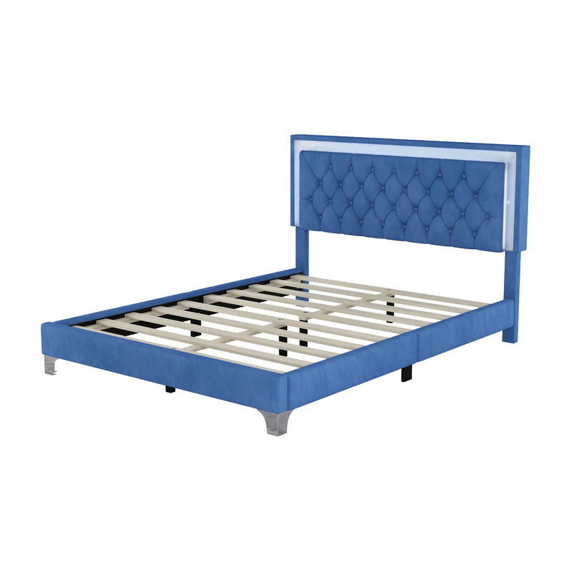 3 Piece Bedroom Sets, Queen Size Upholstered Platform Bed With LED Lights And Two Nightstands - Blue