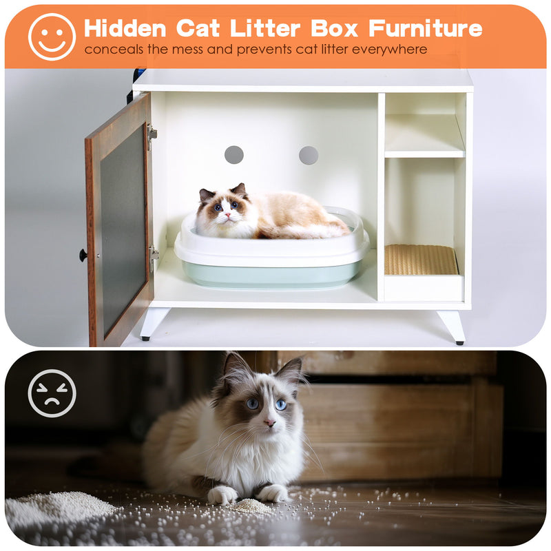 Graffiti The Litter Box Enclosure With 2 Storage Shelves And 1 Doors, Hidden Cat Litter Box Enclosure Furniture With Shelf, Indoor Cat House Furniture For Most Of Litter Box - White