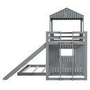 Loft Bunk Bed With Playhouse, Farmhouse, Ladder, Slide And Guardrails