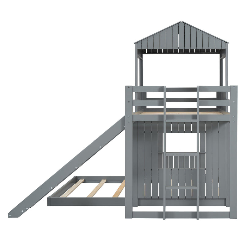 Loft Bunk Bed With Playhouse, Farmhouse, Ladder, Slide And Guardrails