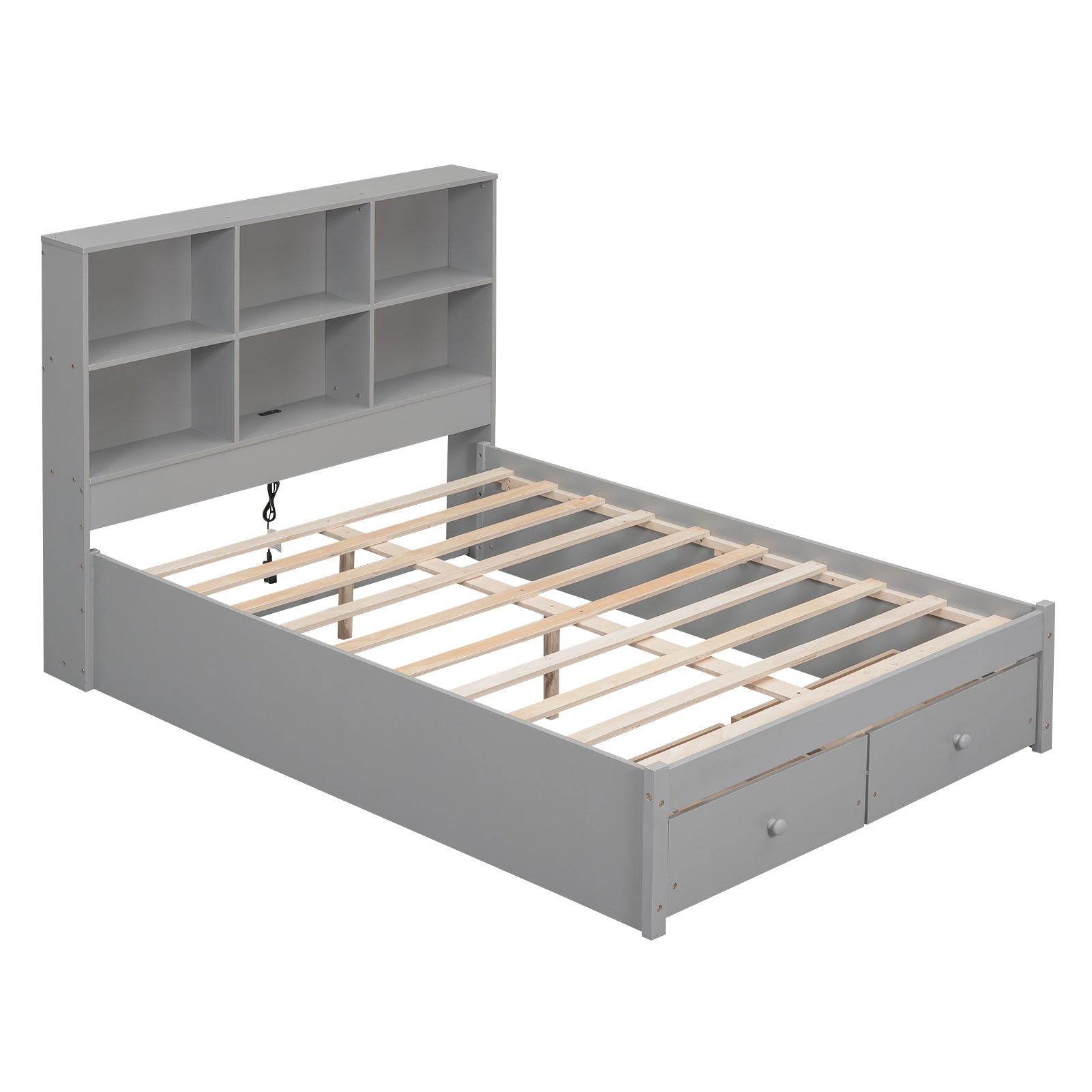 Full Size Platform Bed with Storage Headboard, Charging Station and 2 Drawers, Gray - Atlantic Fine Furniture Melbourne FL