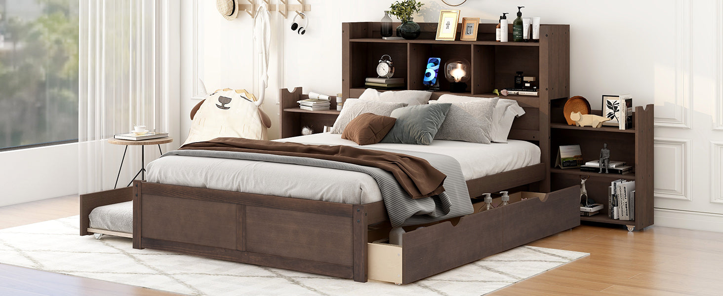 Full Size Storage Platform Bed with Pull Out Shelves, Twin Size Trundle and 2 Drawers, Espresso - Atlantic Fine Furniture Melbourne FL
