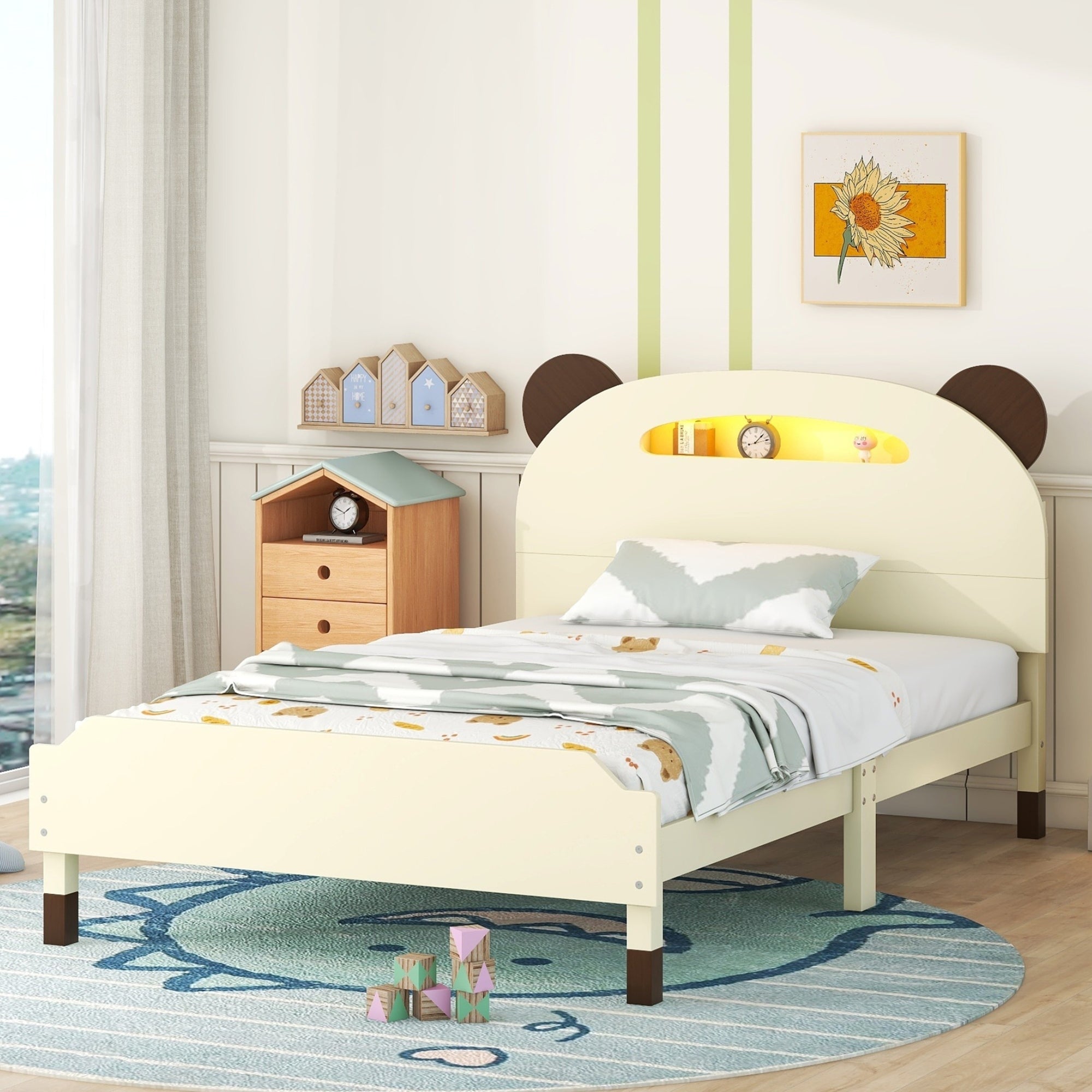 Twin Size Wood Platform Bed with Bear-shaped Headboard,Bed with Motion Activated Night Lights,Cream+Walnut - Atlantic Fine Furniture Melbourne FL