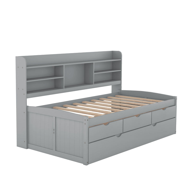 Captain Bed With Built In Bookshelves, 3 Storage Drawers, And Trundle