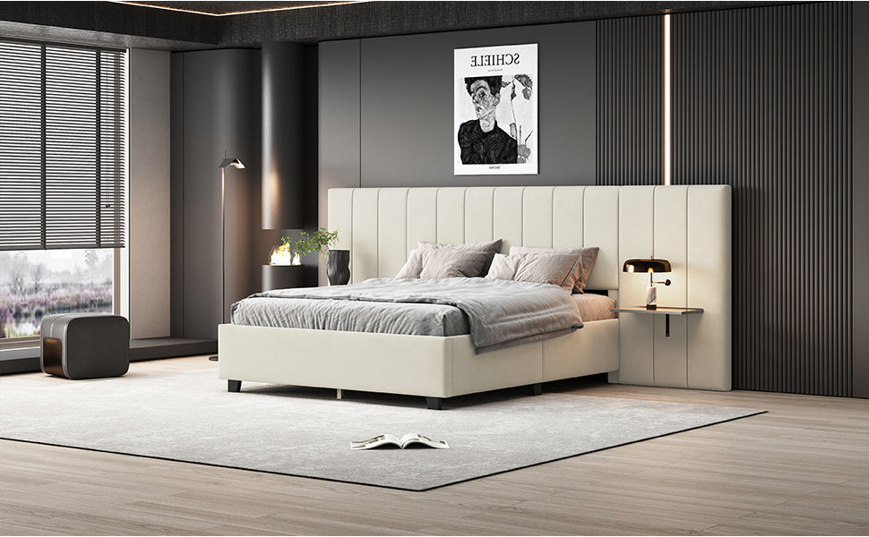 Queen Size Upholstered Platform Bed with Big Headboard, Bedroom Furniture, Velvet, Beige - Atlantic Fine Furniture Melbourne FL