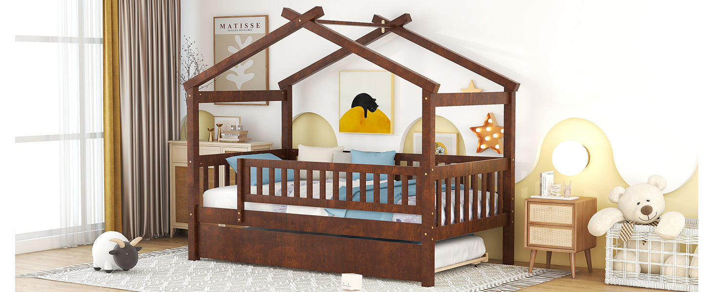 Twin Size Wooden House Bed with Twin Size Trundle, Walnut - Atlantic Fine Furniture Melbourne FL