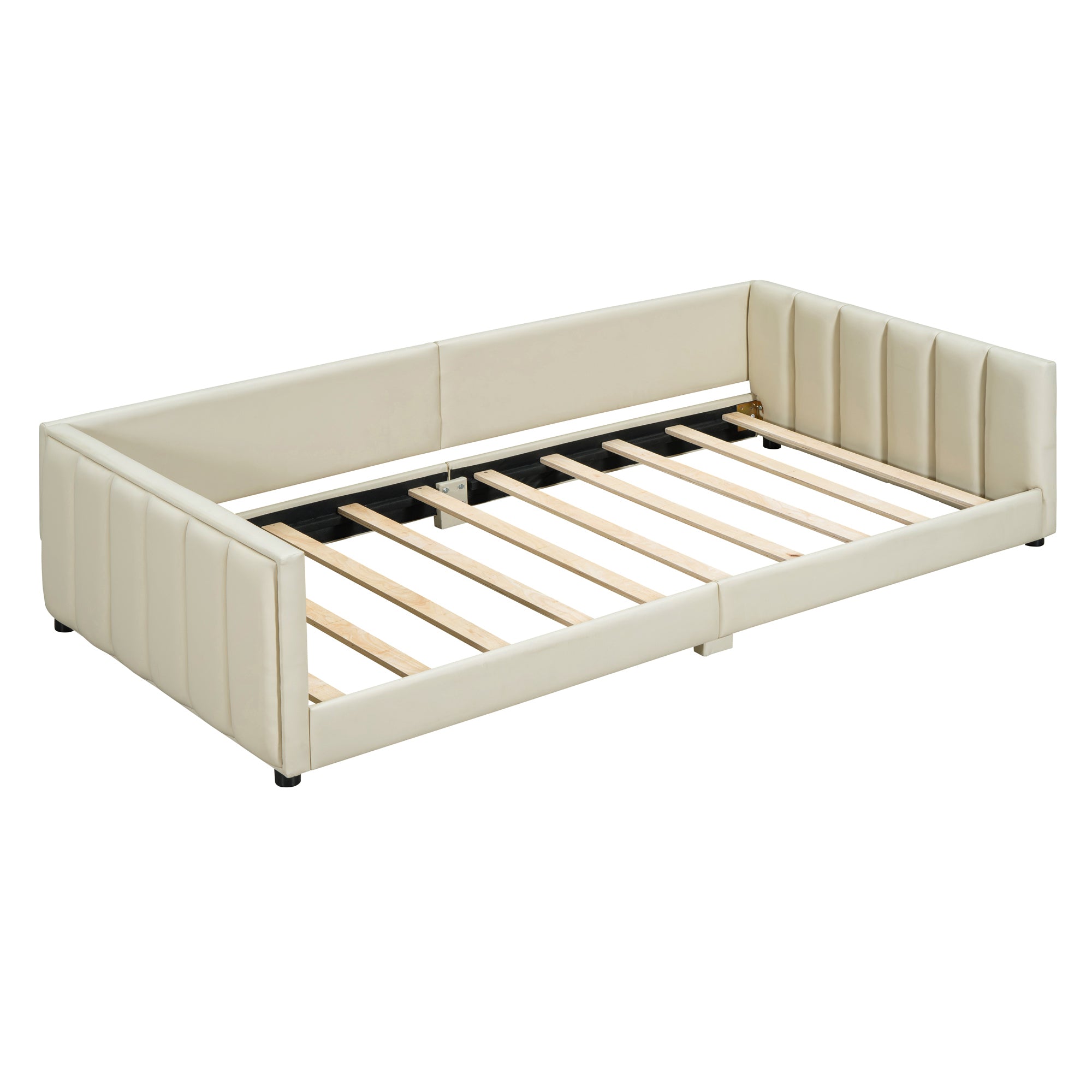 Queen Size & Twin XL Size Upholstered Platform Bed, Mother & Child Bed, PU Leather, Beige - Atlantic Fine Furniture Melbourne FL