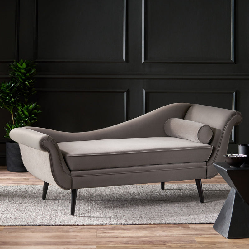 Auroral - Velvet Upholstered Chaise Lounge With Scrolled Arms And Tapered Legs