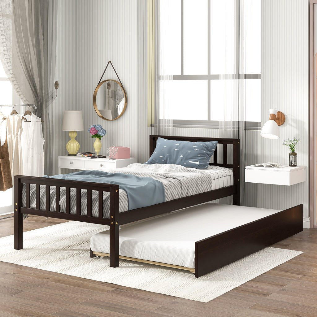 Twin Bed with Trundle Platform Bed Frame with Headboard and Footboard for Bedroom Small Living Space No Box Spring Needed Espresso Old