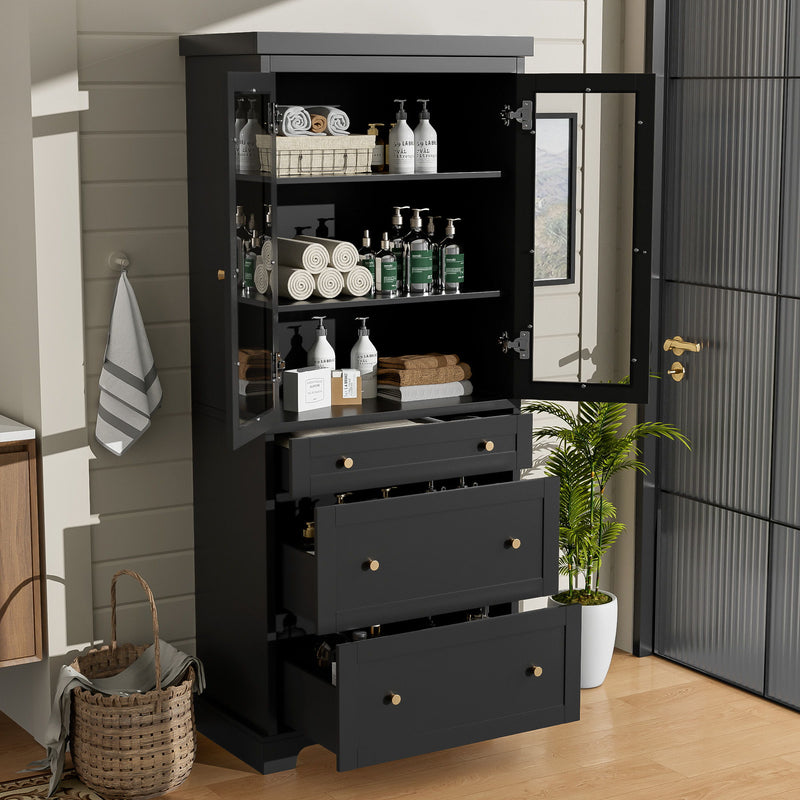 Freestanding Tall Bathroom Cabinet With Adjustable Shelves, Drawers, Soft Close Glass Doors - Black