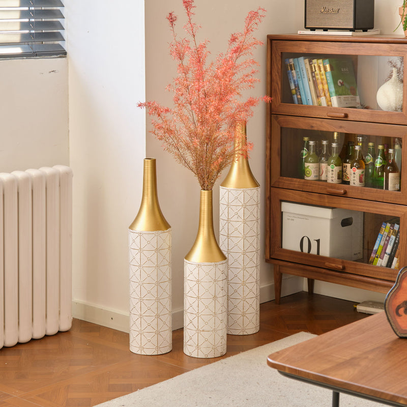 Floor Metal Vases Decorated White Metal Vases (Set of 3) Gorgeous Home Decoration Large Glazed Metal Vases - White / Gold