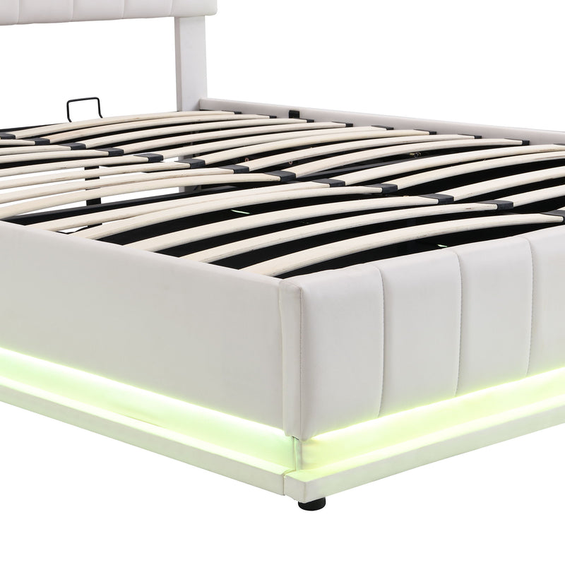 Queen Size Upholstered Bed With Hydraulic Storage System And LED Light, Modern Platform Bed With Sockets And USB Ports