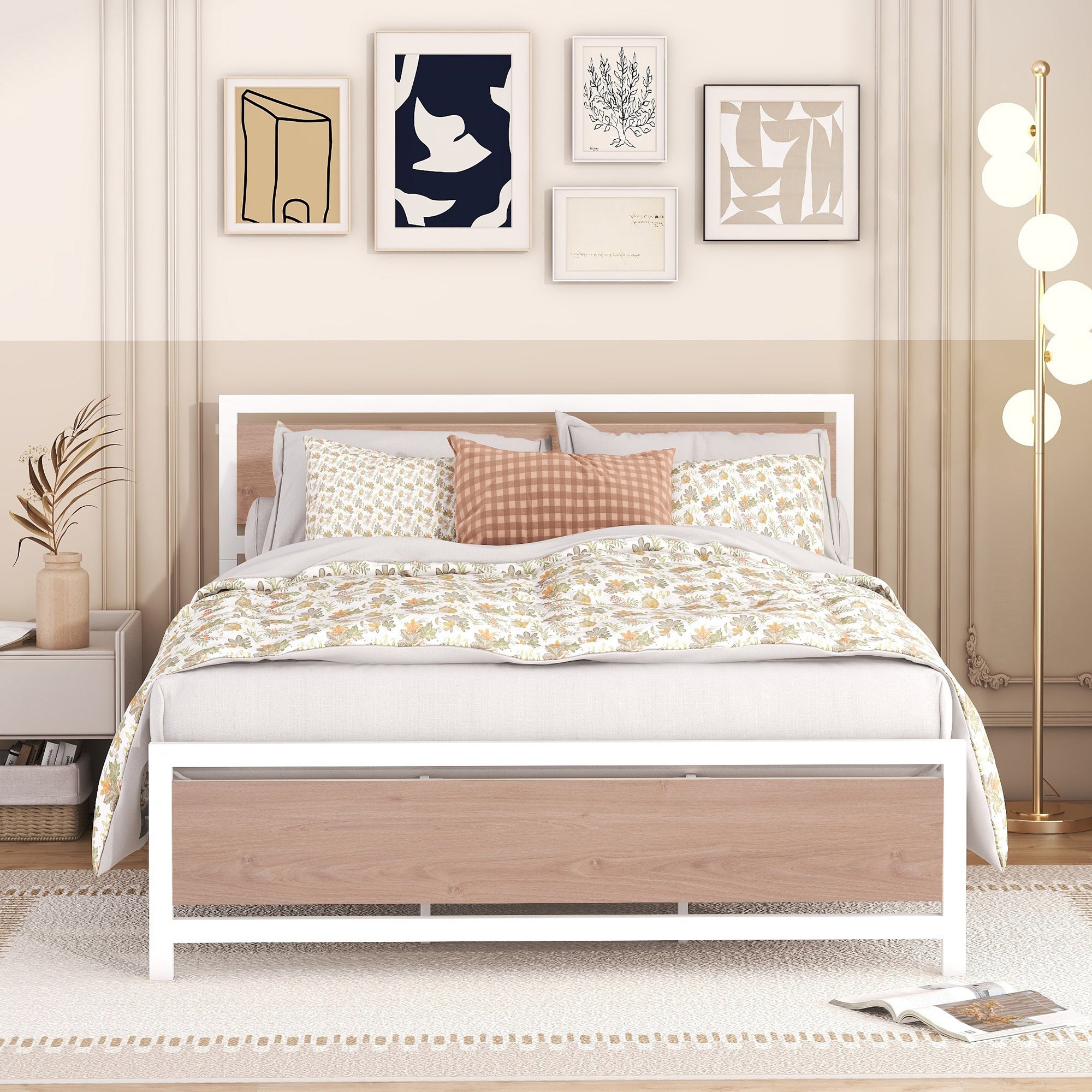Queen Size Platform Bed, Metal and Wood Bed Frame with Headboard and Footboard , White - Atlantic Fine Furniture Melbourne FL