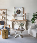 Round Wooden Coffee Table With Distressed Scrollwork Legs - Multicolor