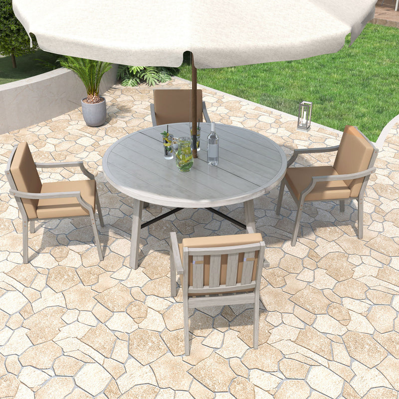 Outdoor Dinning Set 4 Person Outdoor Wooden Dinning Set With An Umbrella Hole And Removable Cushions For Patio, Backyard, Garden - Antique Gray
