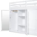 Twin size Loft Bed with Drawer, Two Wardrobes and Mirror, White
