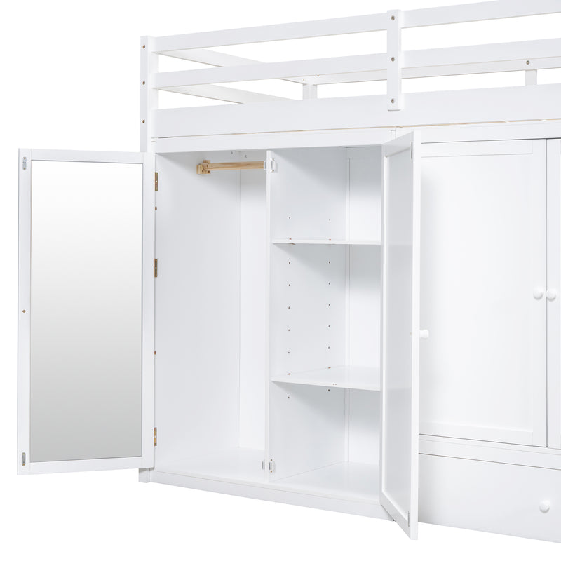 Twin size Loft Bed with Drawer, Two Wardrobes and Mirror, White