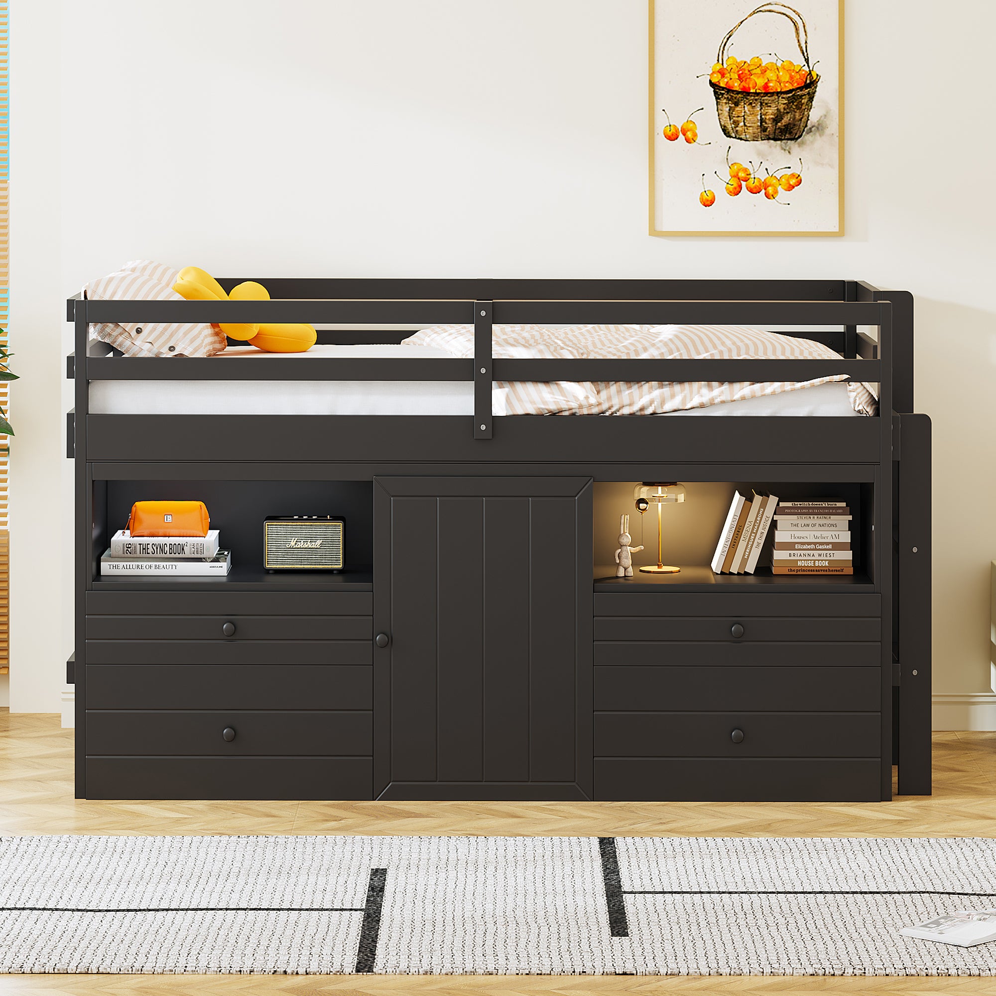 Twin Size Loft Bed with 4 Drawers, Underneath Cabinet and Shelves, Espresso - Atlantic Fine Furniture Melbourne FL