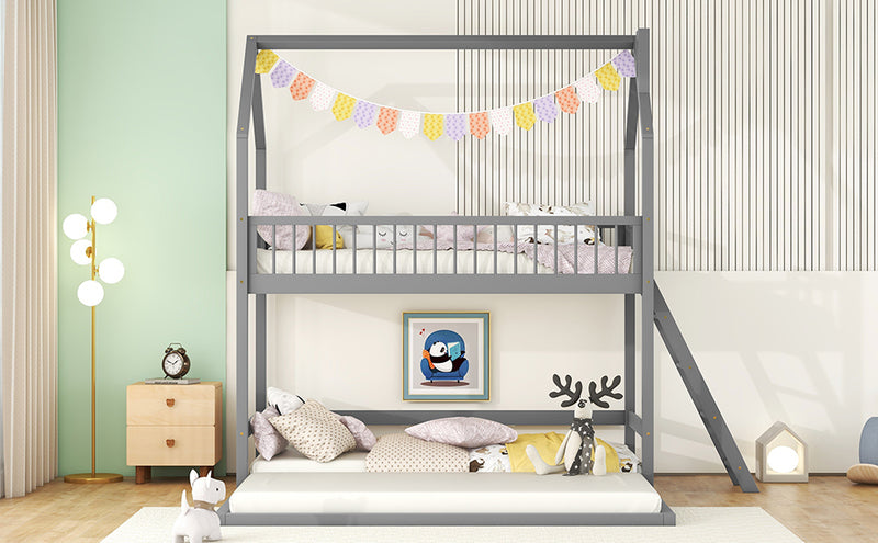 Twin Over Twin-Twin House Bunk Bed with Extending Trundle and Ladder