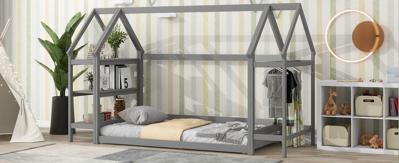 Wood House Bed With Storage Shelf And Hanger, Kids Bedroom Set