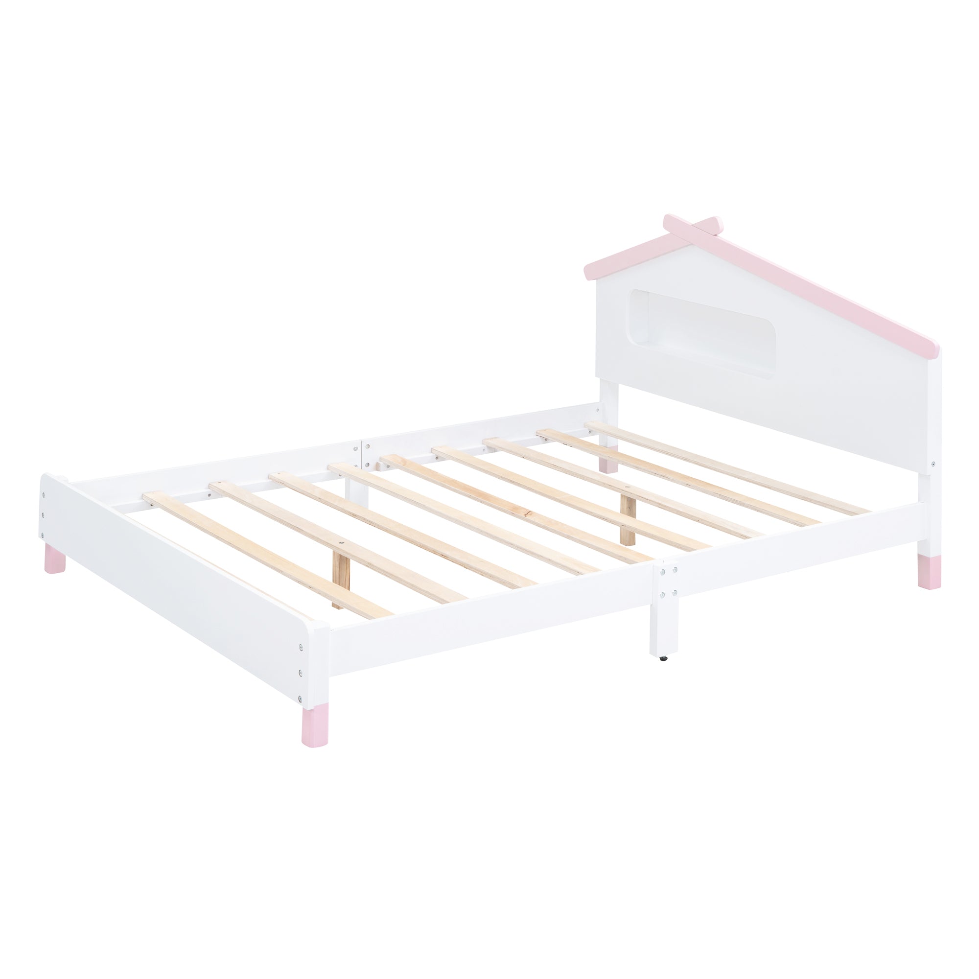 Full Size Wood Platform Bed with House-shaped Headboard and Motion Activated Night Lights (White+Pink) - Atlantic Fine Furniture Melbourne FL
