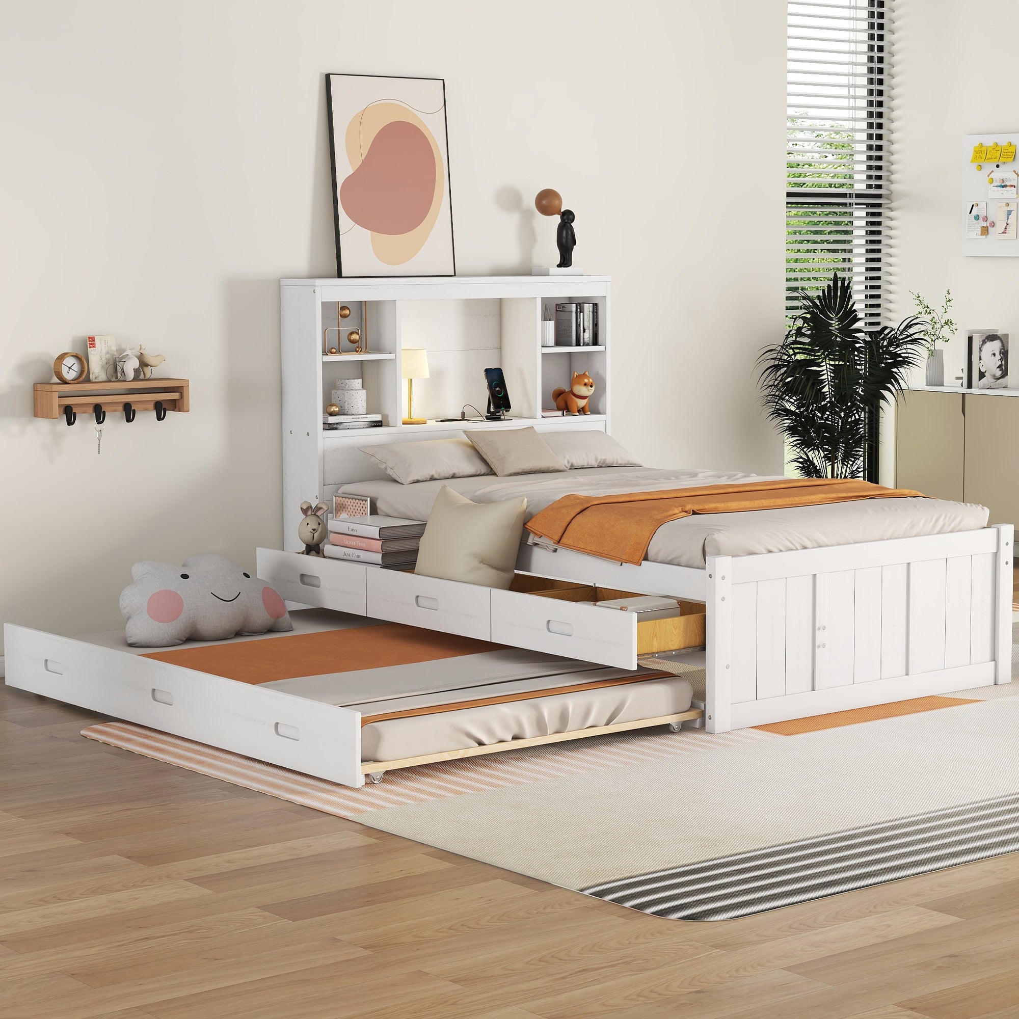 Twin Size Platform Bed with Storage Headboard, Charging Station, Twin Size Trundle and 3 Drawers, Antique White - Atlantic Fine Furniture Melbourne FL