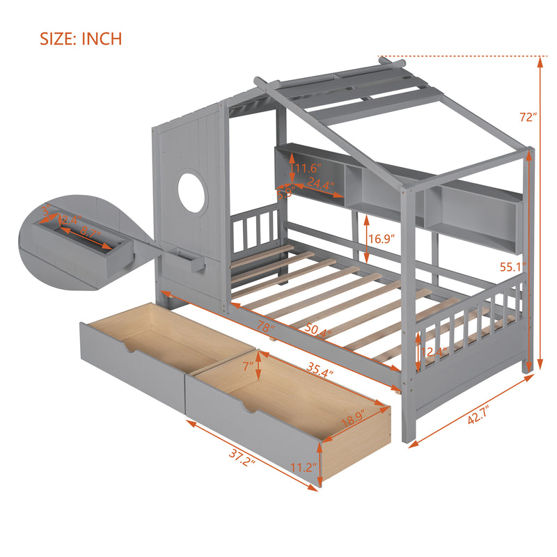 Wooden Twin Size House Bed with 2 Drawers,Kids Bed with Storage Shelf, Gray