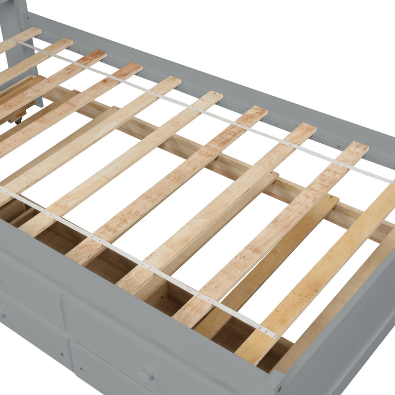 Bed With Built-In USB, Type-C Ports, LED Light, Bookcase Headboard, Trundle And 3 Storage Drawers, Bed With Bookcase Headboard, Trundle And Storage Drawers - Espresso