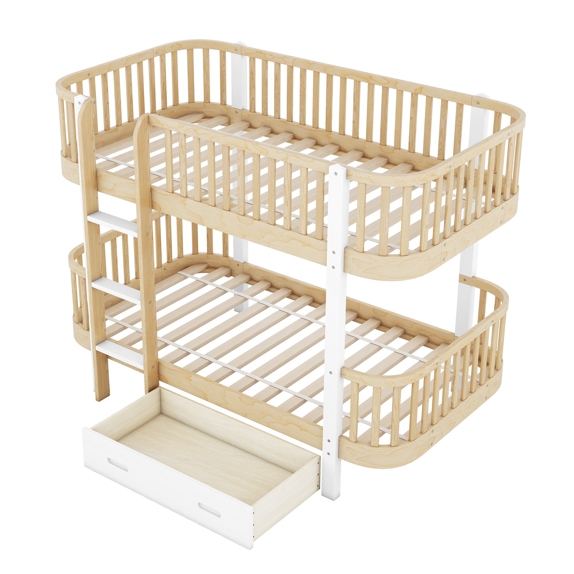 Wood Twin over Twin Bunk Bed with Fence Guardrail and a Big Drawer, Natural White - Atlantic Fine Furniture Melbourne FL