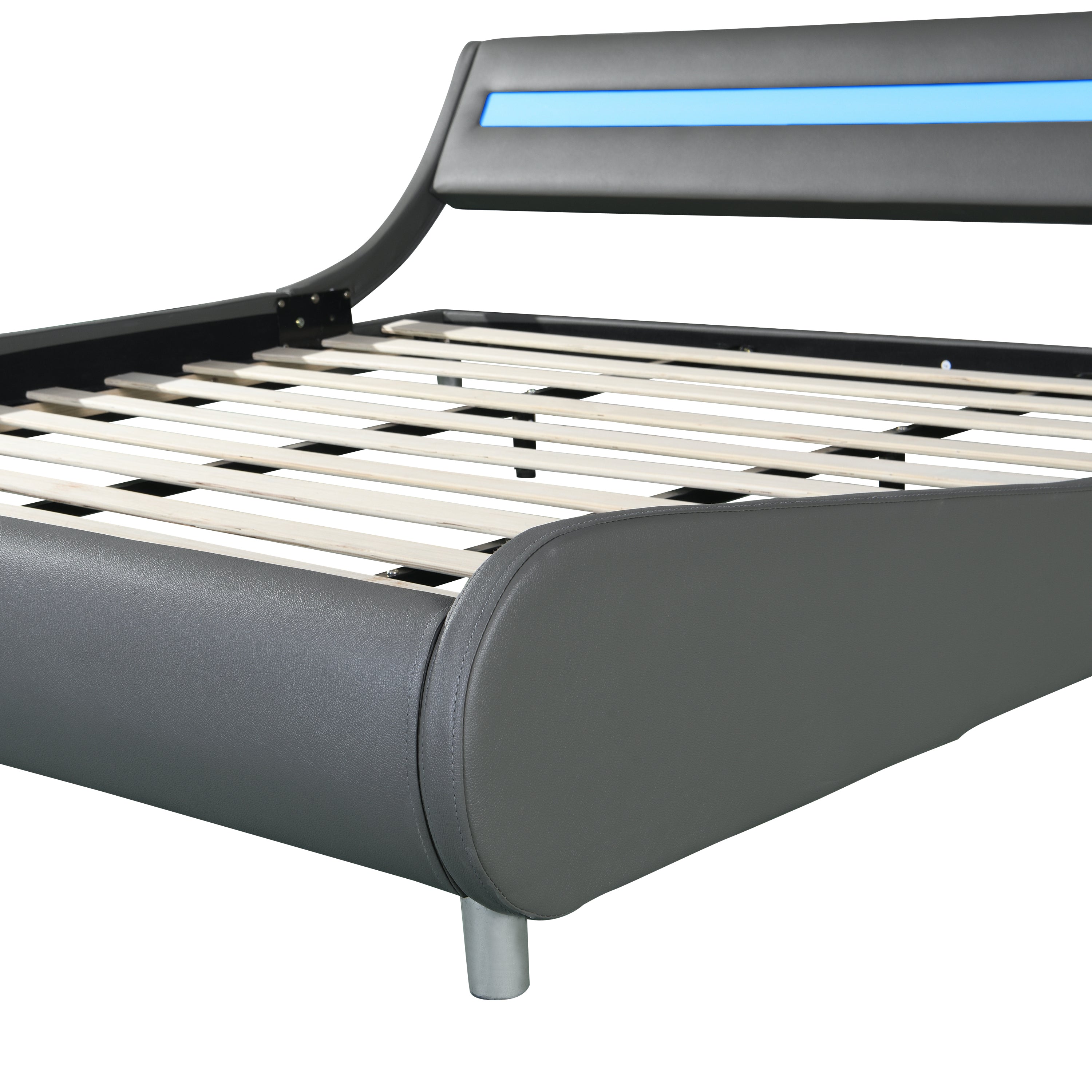 Faux Leather Upholstered Platform Bed Frame with led lighting , Curve Design, Wood Slat Support, No Box Spring Needed, Easy Assemble, King Size, Gray - Atlantic Fine Furniture Melbourne FL