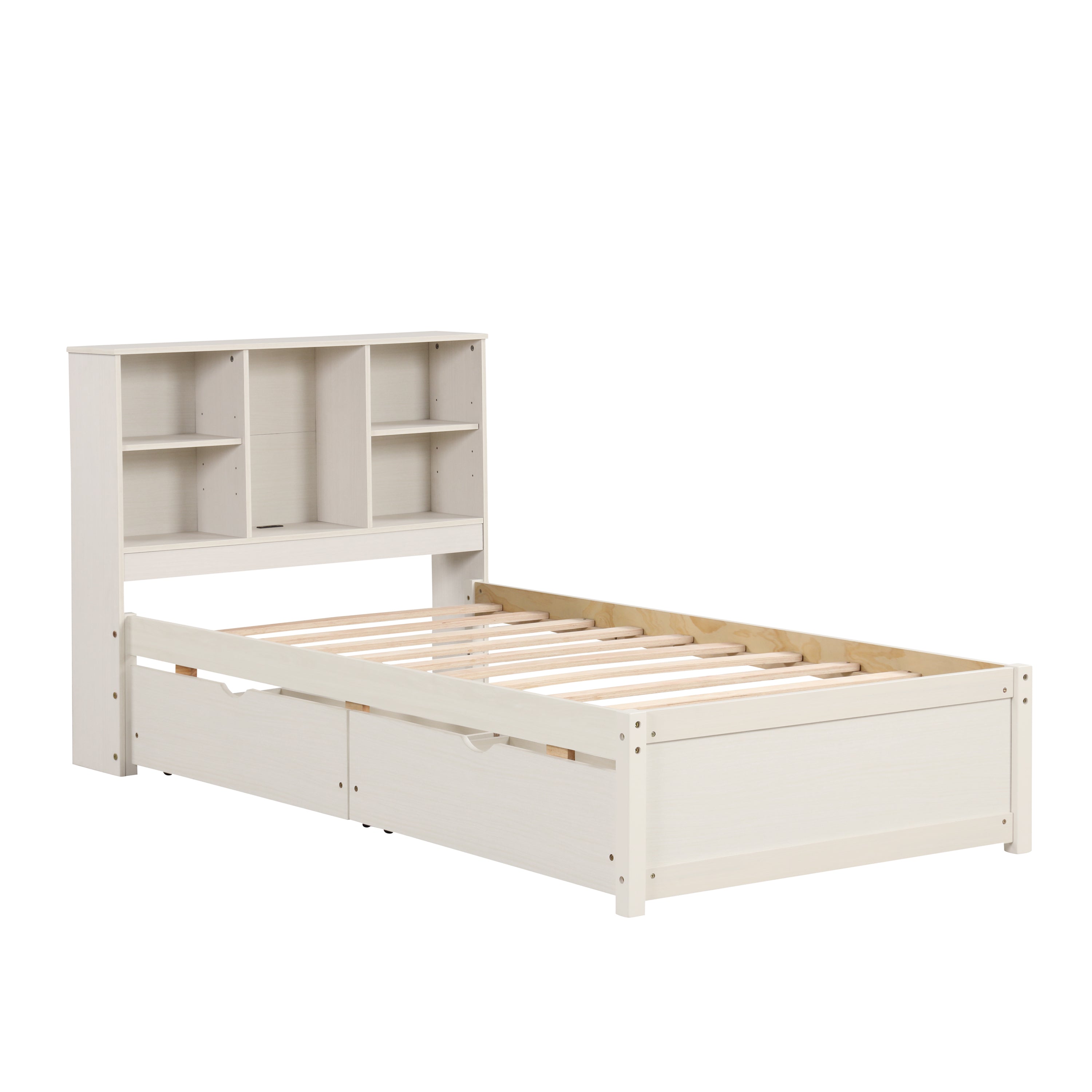 Modern Twin Size Bed Frame With Built-in USB Port on Bookcase Headboard and 2 Drawers for White Washed Color - Atlantic Fine Furniture Melbourne FL