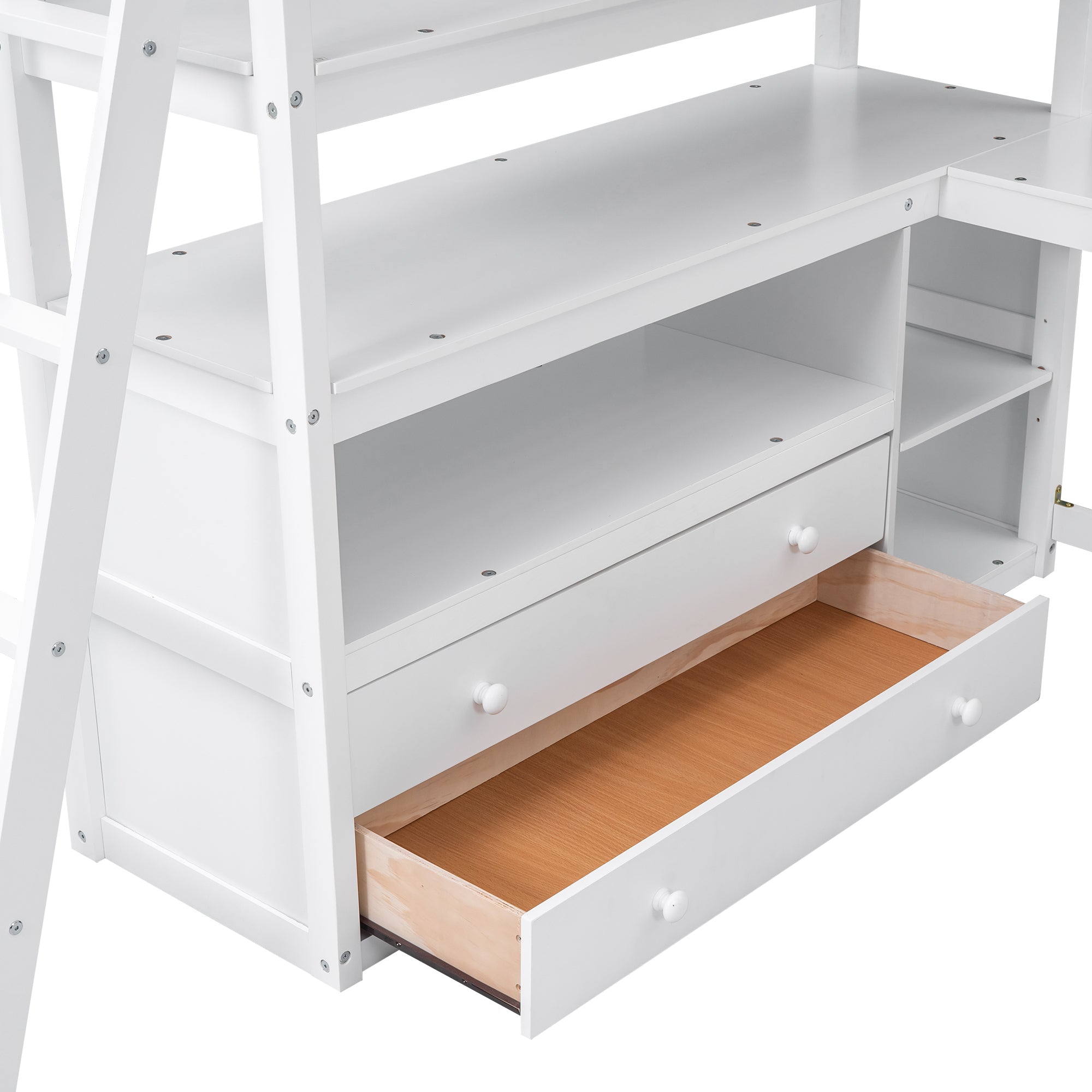 Full Size Loft Bed with Desk and Shelves,Two Built-in Drawers,White(Old SKU: SM000416AAK)