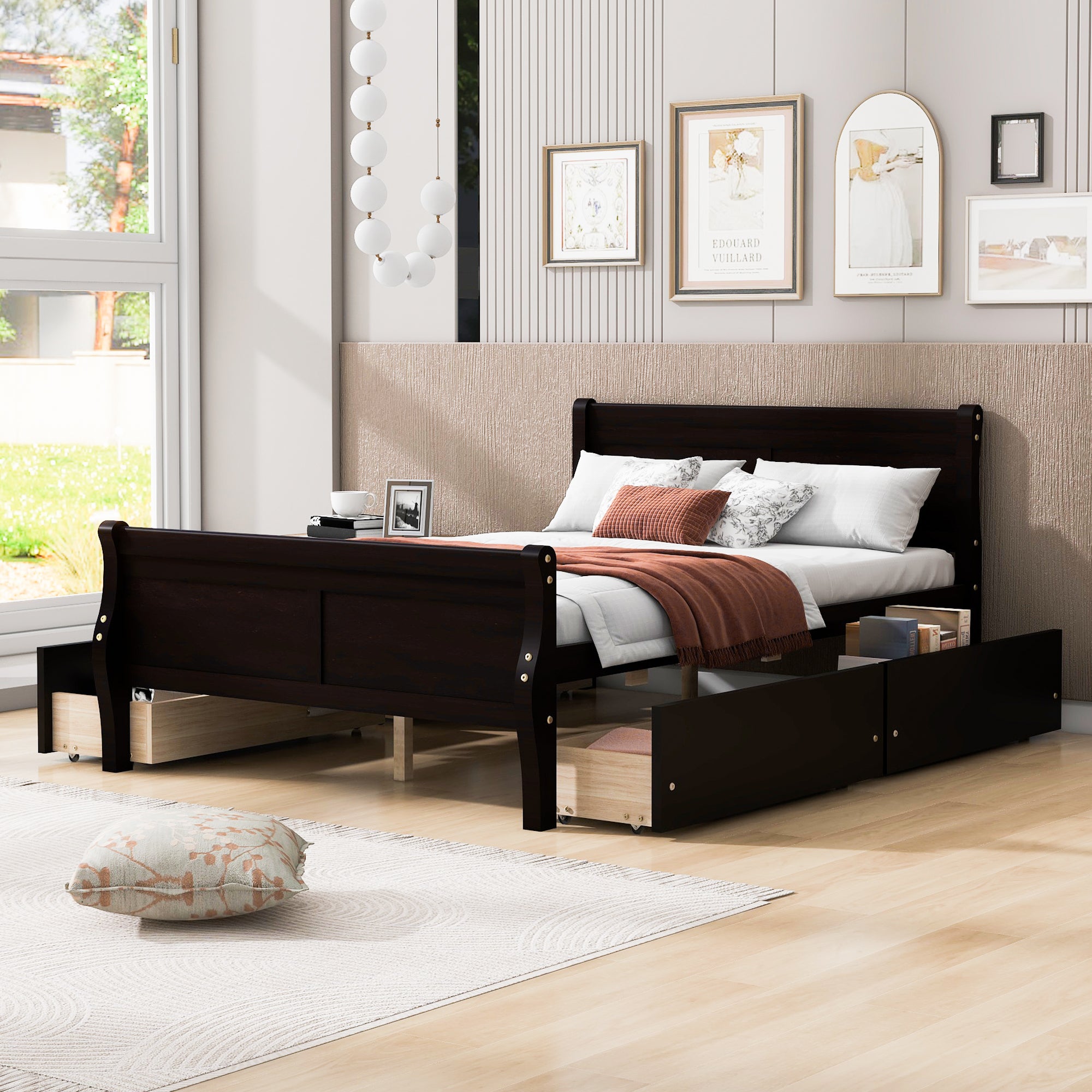 Full Size Wood Platform Bed with 4 Drawers and Streamlined Headboard & Footboard, Espresso - Atlantic Fine Furniture Melbourne FL