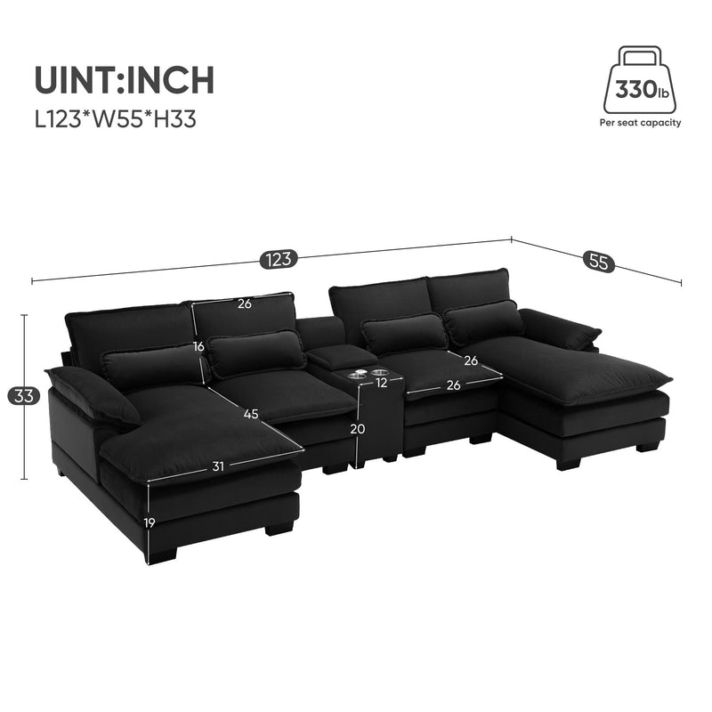 Modern U-Shaped Sofa With Console, Cupholders And USB Ports, 6 Seat Upholstered Symmetrical Indoor Furniture, Sleeper Couch Set With Chaise For Living Room